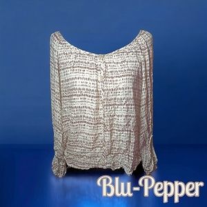 Blu-Pepper Jewel Neck ¾ 20" Wide Sleeve Button Down Relaxed Fit Peasant Blouse